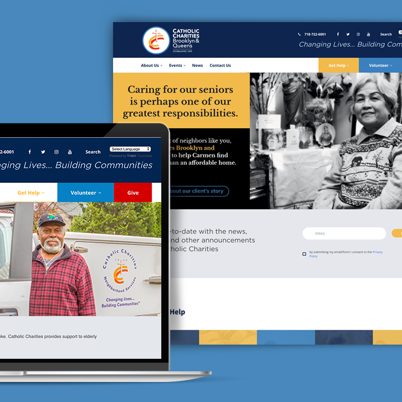 Catholic Charities web page on a laptop